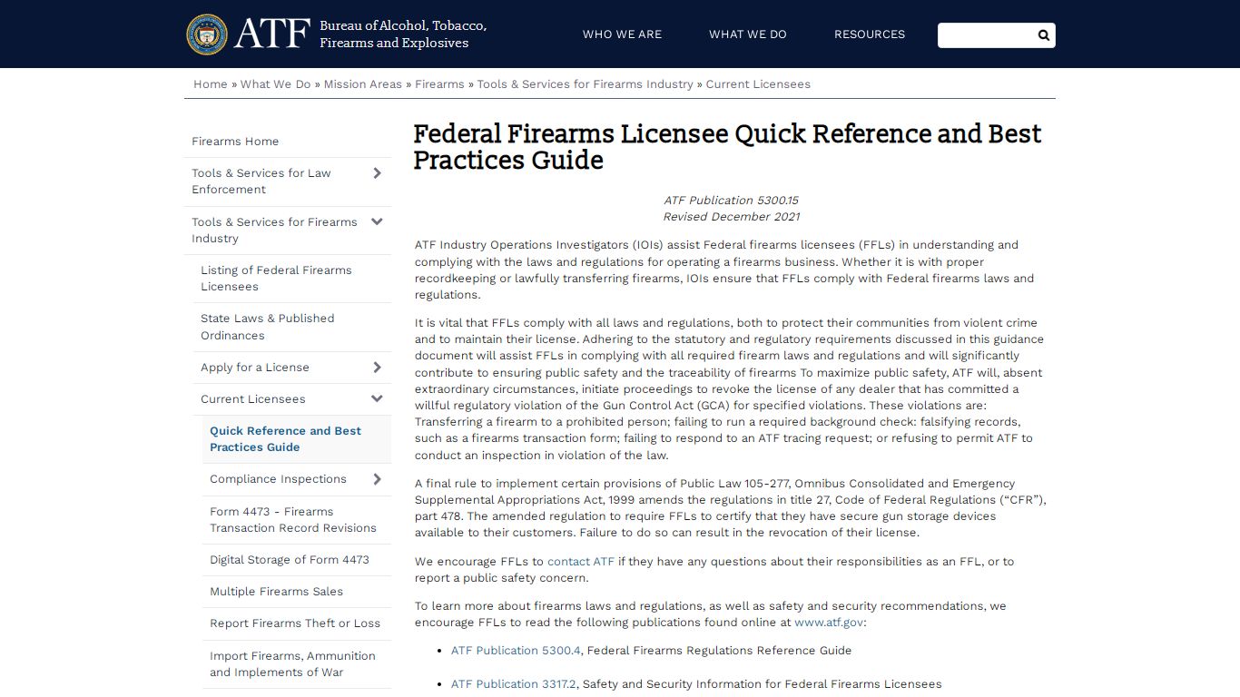 Federal Firearms Licensee Quick Reference and Best Practices Guide